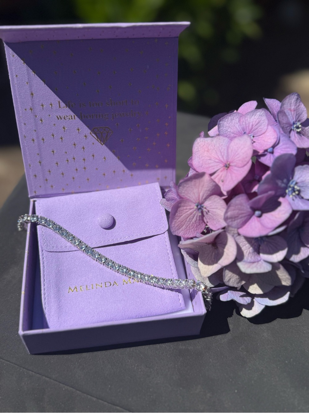Melinda Maria Silver Crystal Tennis Bracelet with Lavender Box
